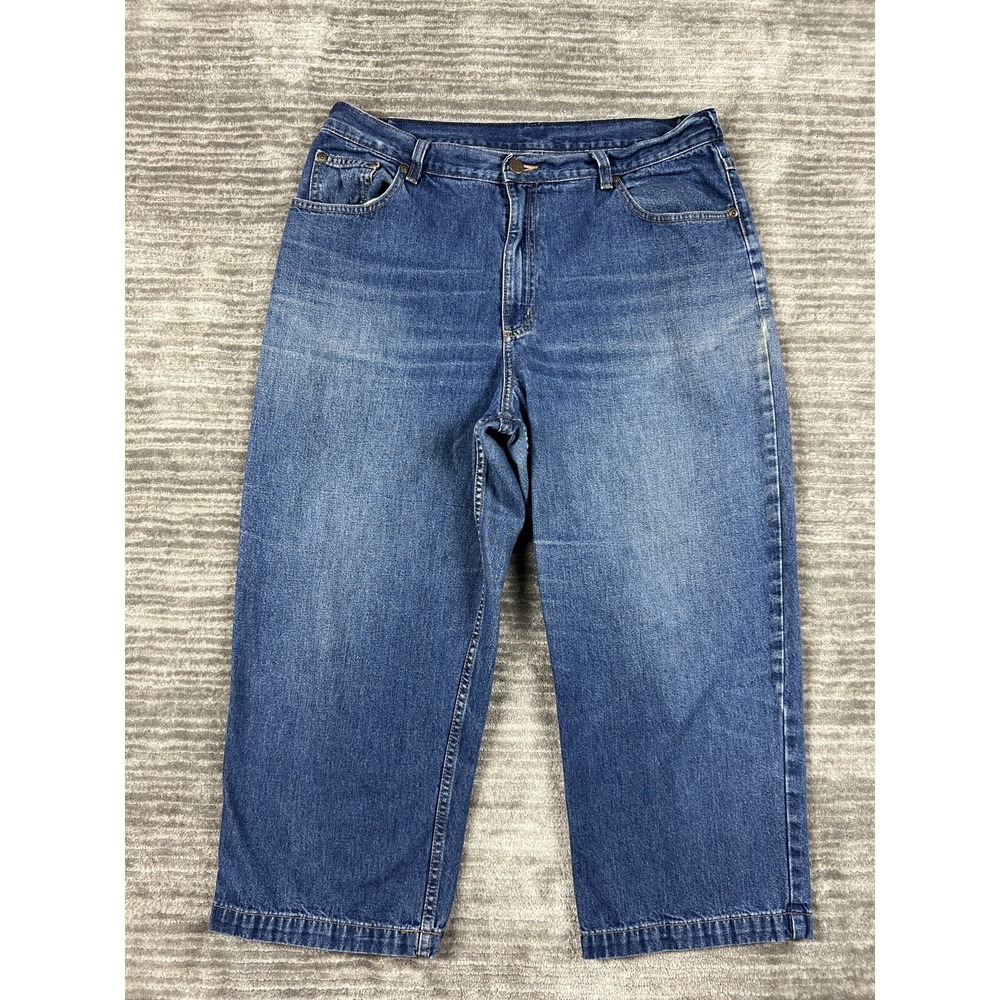 LL Bean Jeans Women 16 Blue Cropped Wide Leg High Rise Relaxed 100% Cotton Denim